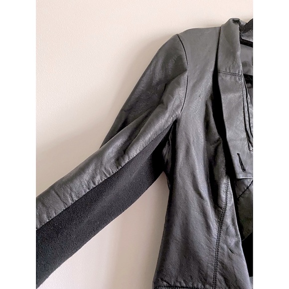 Inked & Faded Faux Leather Button Up Bomber Jacket with Knit Inner Sleeves  - L - Picture 7 of 11